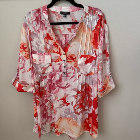 Cocomo Floral Print Pintuck 3/4 Sleeve Top Button Front Pocket Boho Pink Red 3X - Picture 1 of 8